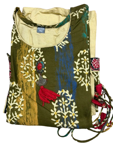 Cotton double layer green cream kurti