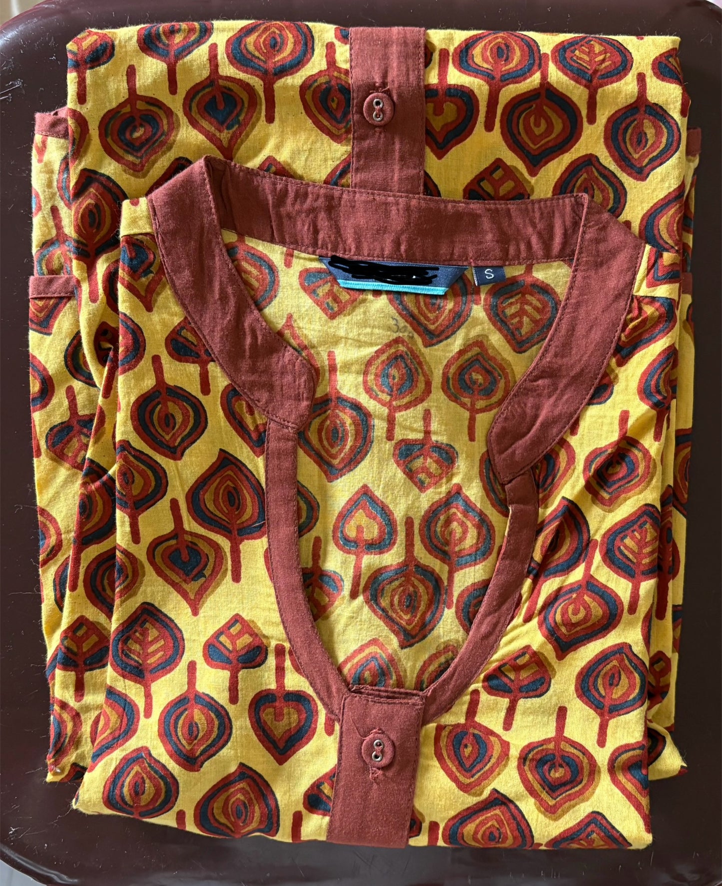 Cotton sleeveless printed brown and yellow kurti