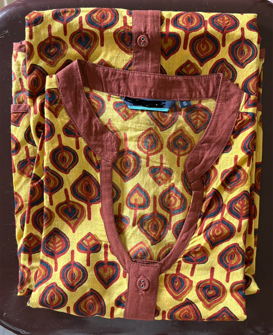 Cotton sleeveless printed brown and yellow kurti