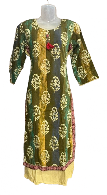 Cotton double layer green cream kurti
