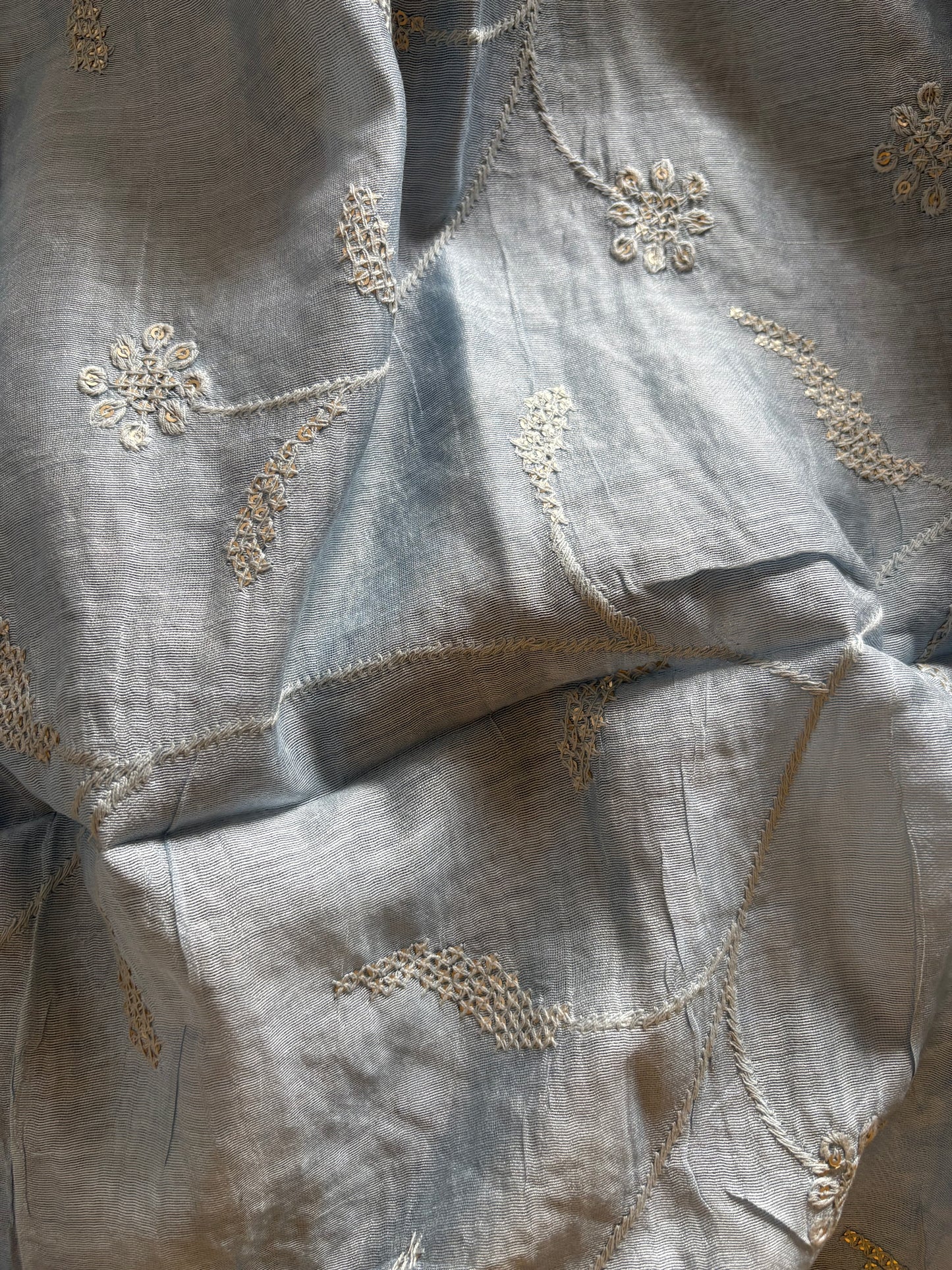 Cotton silk full embroidered blue gray dupatta