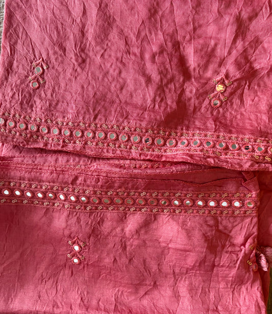 Cotton silk mirror work embroidered pink dupatta