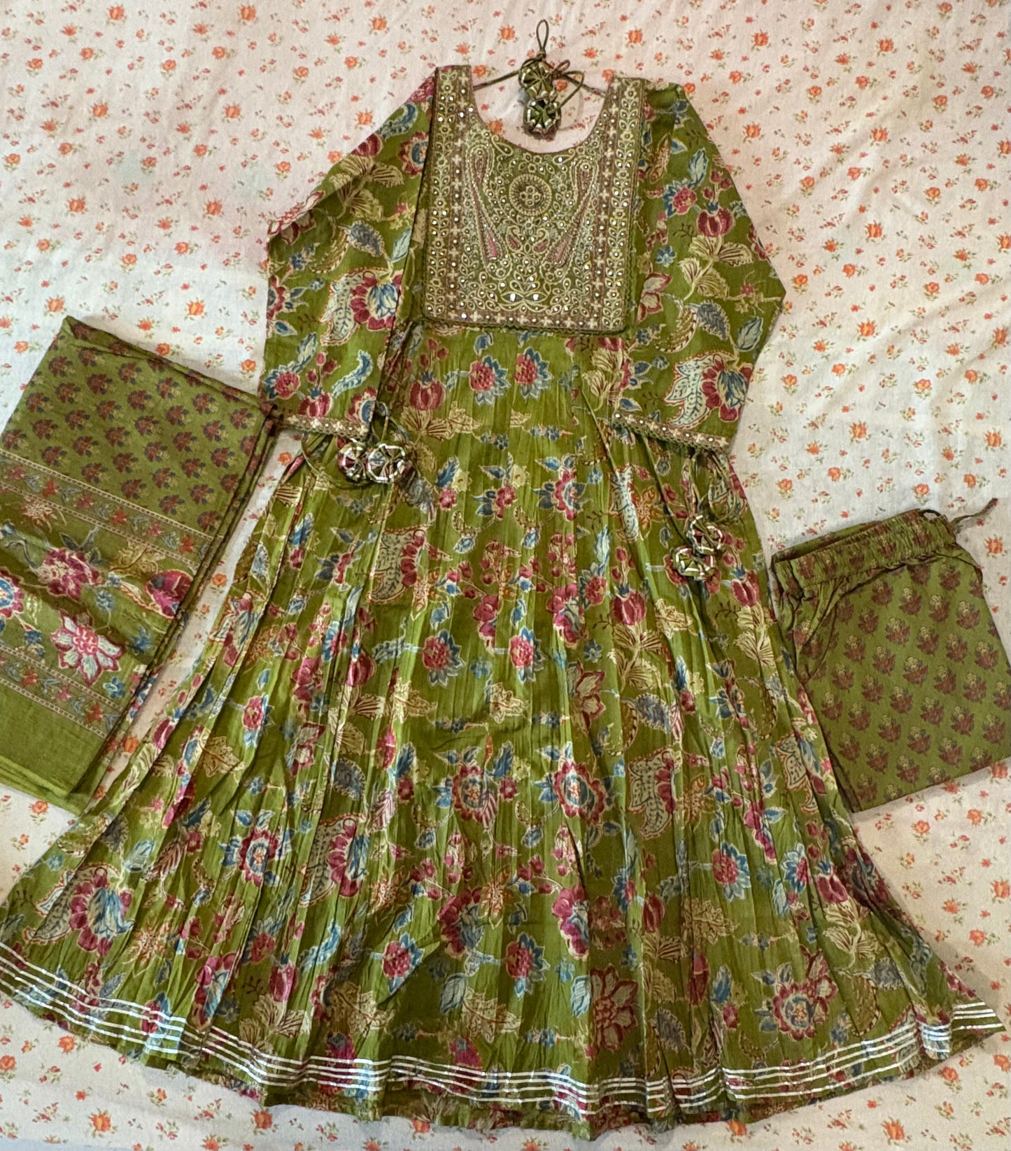 Olive Embroidered thread and mirror work Suit, Dupatta and Pant Set