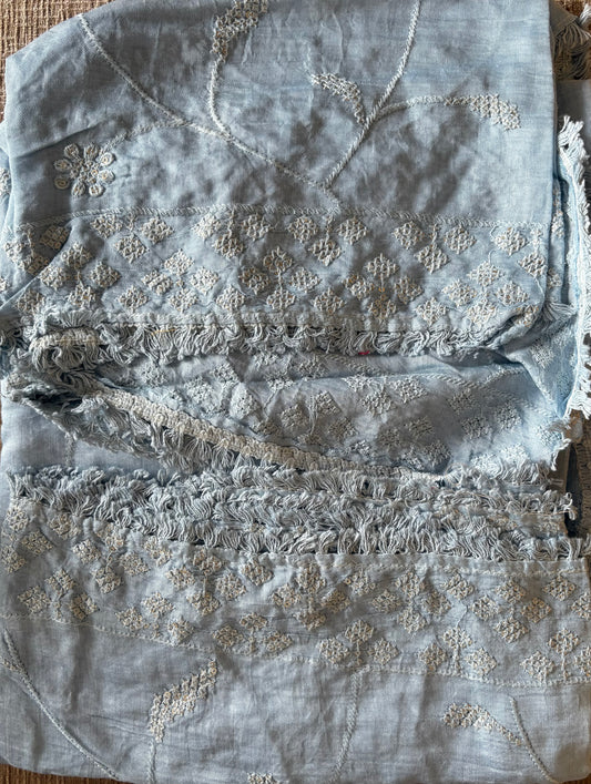 Cotton silk full embroidered blue gray dupatta