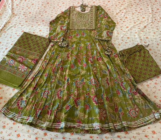 Olive Embroidered thread and mirror work Suit, Dupatta and Pant Set