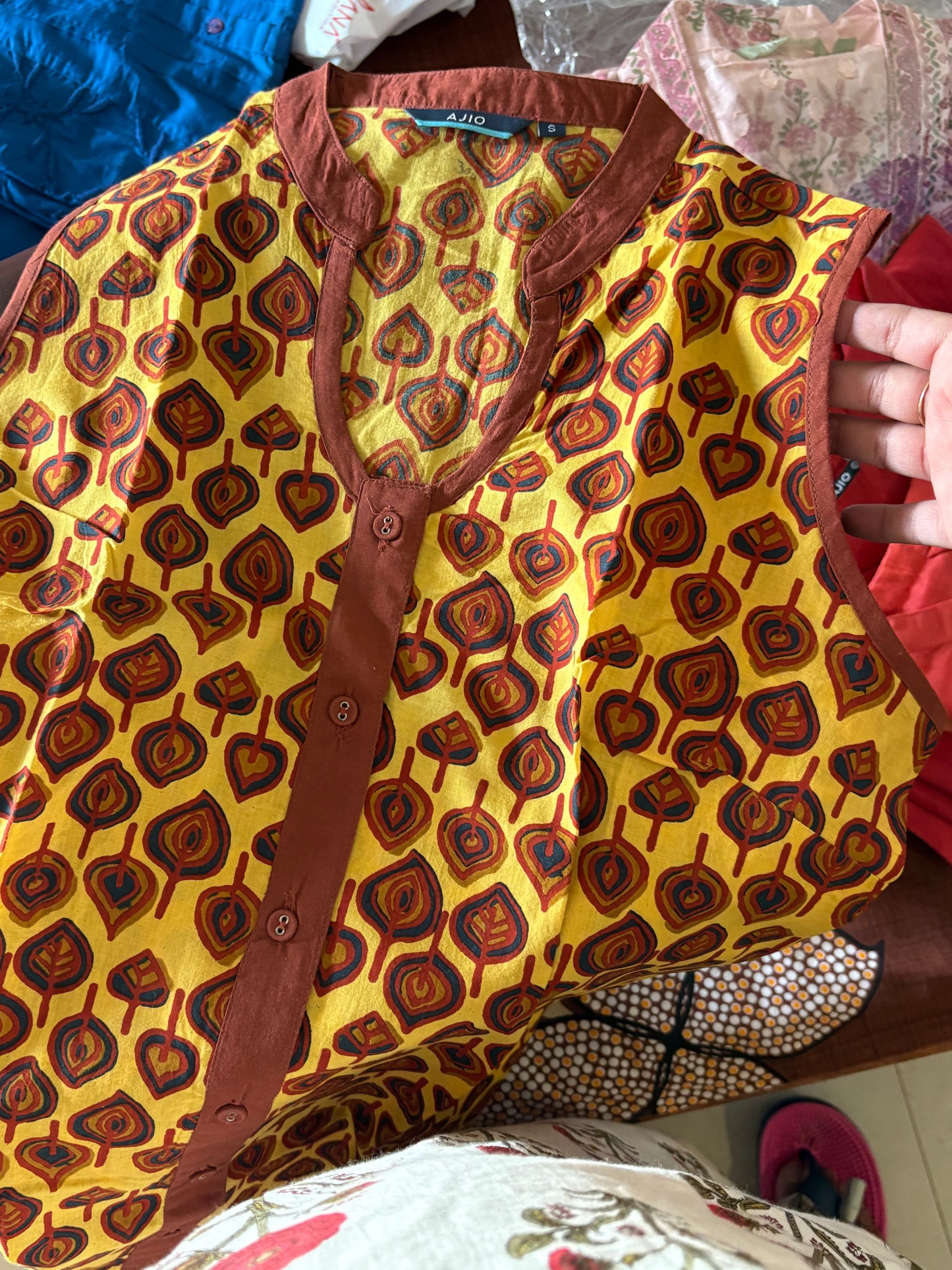 Cotton sleeveless printed brown and yellow kurti