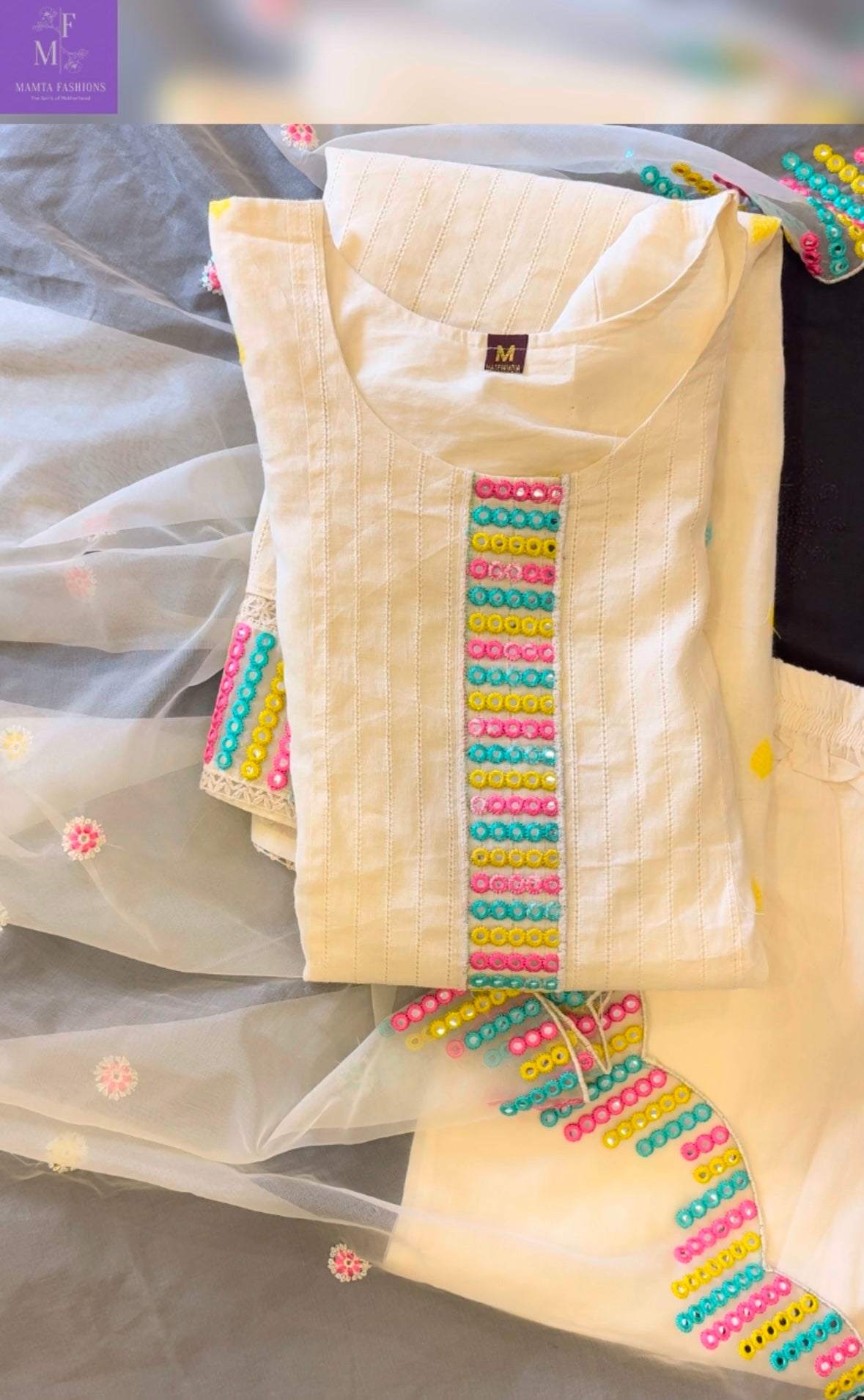Cream base pure cotton thread & mirror suit set with organza tissue dupatta
