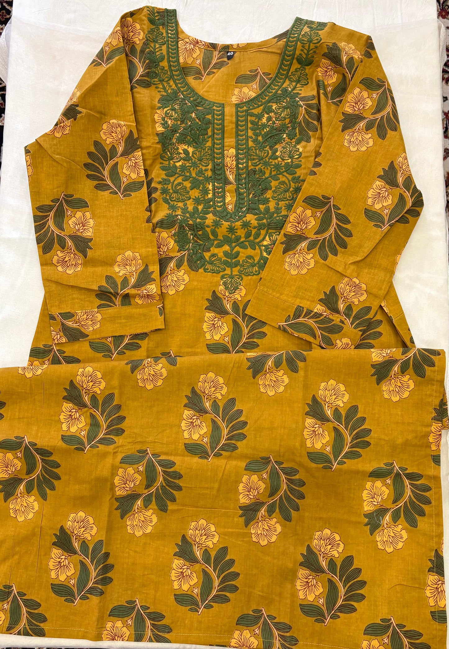 Cotton Embroidered Green Kurti