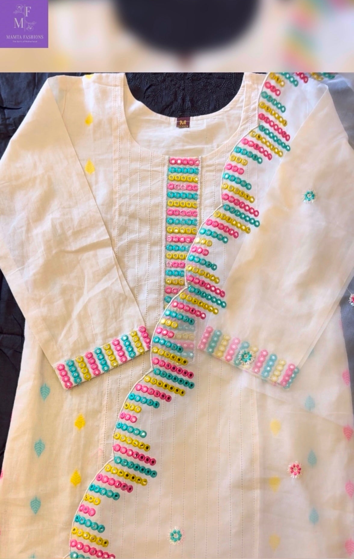Cream base pure cotton thread & mirror suit set with organza tissue dupatta