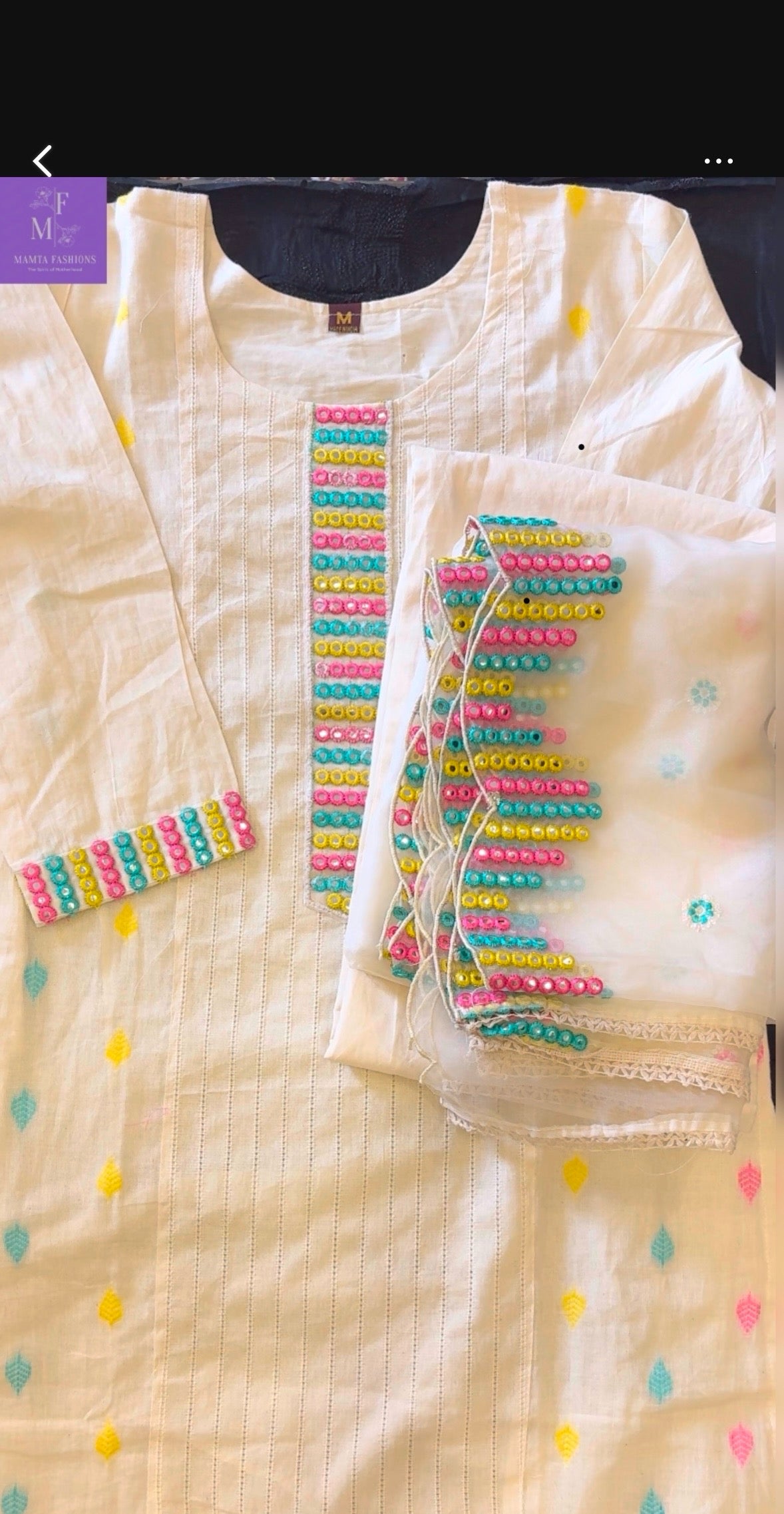 Cream base pure cotton thread & mirror suit set with organza tissue dupatta
