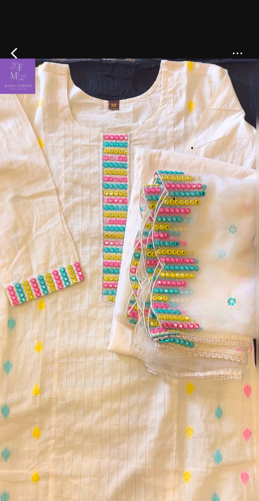 Cream base pure cotton thread & mirror suit set with organza tissue dupatta