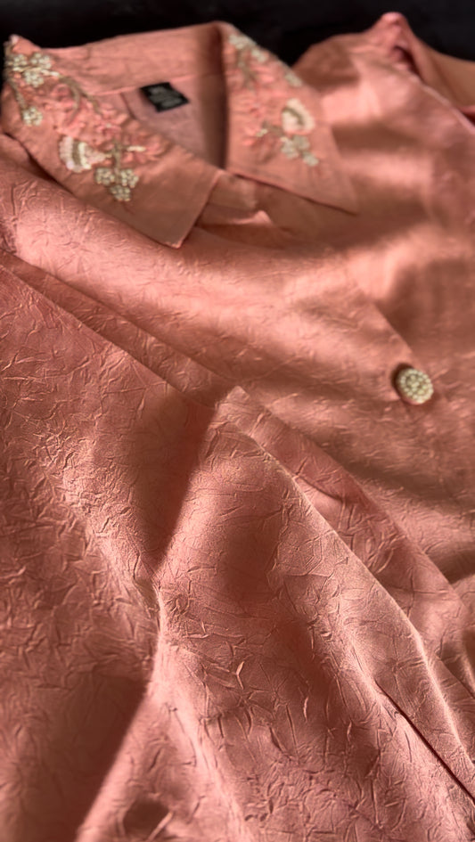 Soft silk crinkled pastel co-ord set with hand work embroidery
