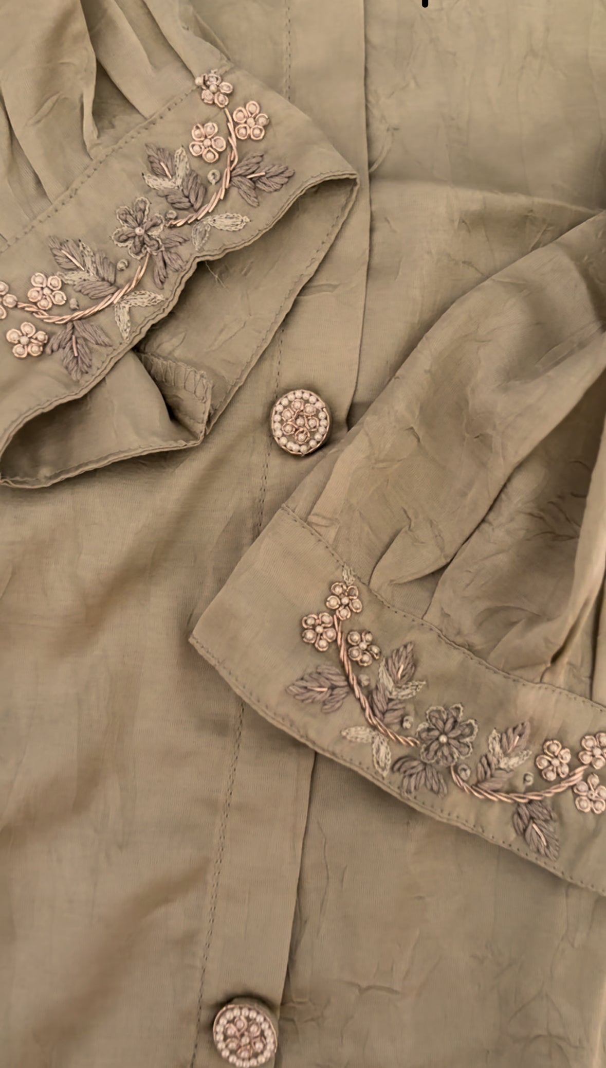 Soft silk crinkled pastel co-ord set with hand work embroidery