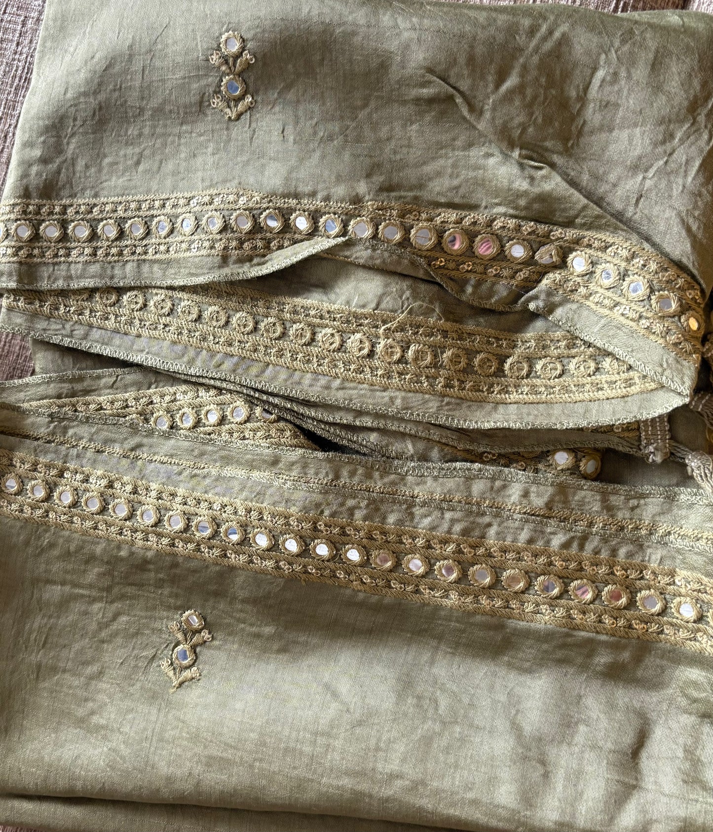 Cotton silk mirror work embroidered beige dupatta