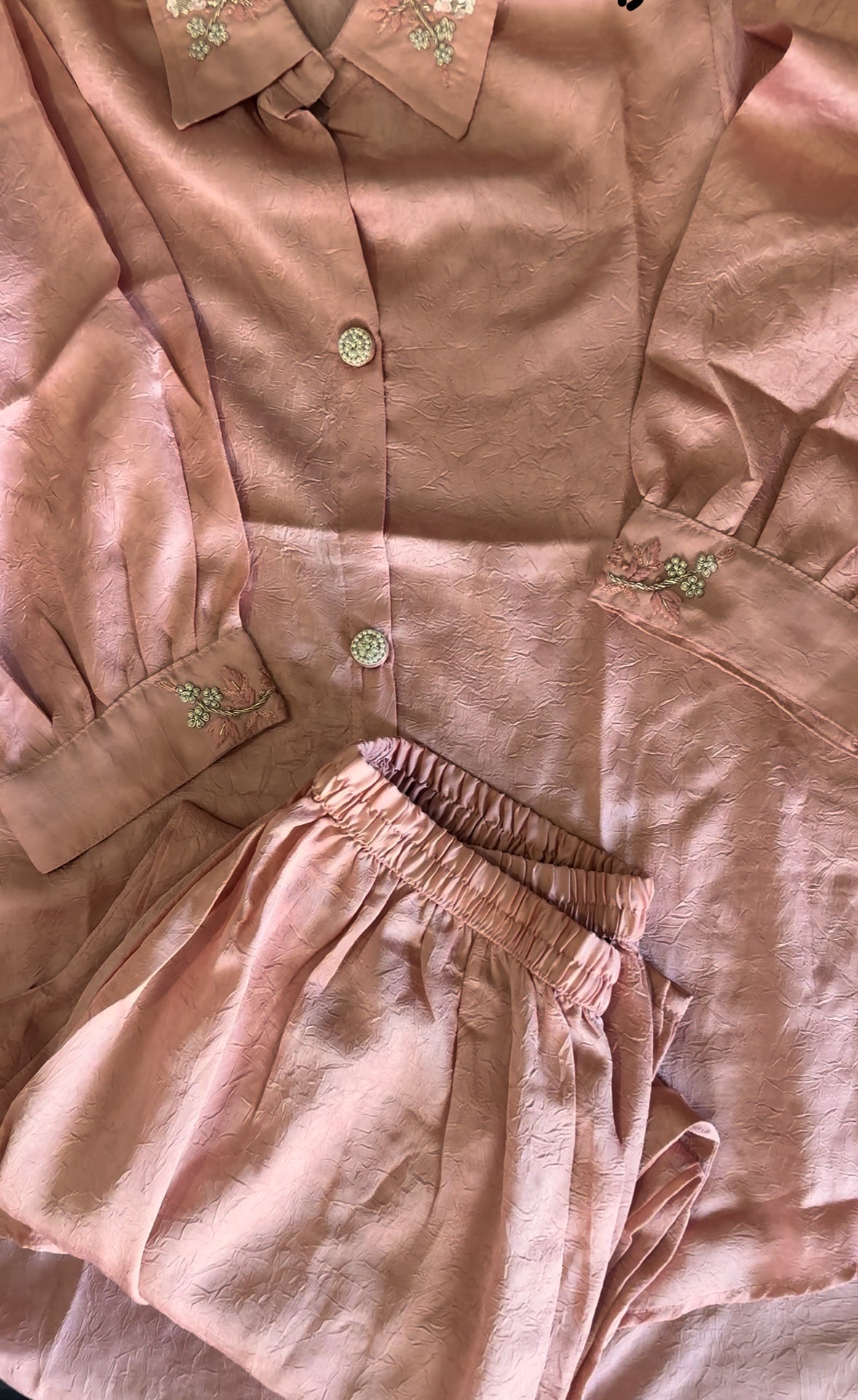 Soft silk crinkled pastel co-ord set with hand work embroidery