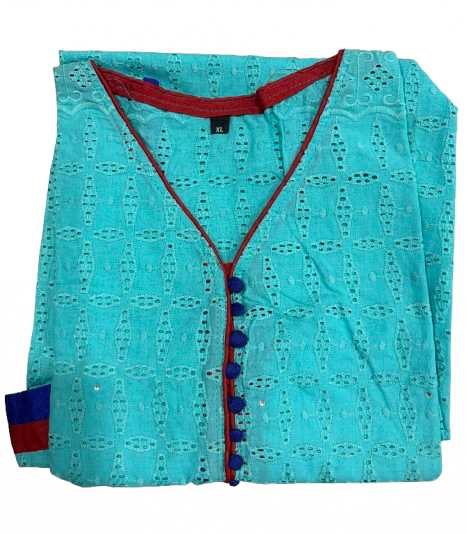Pure cotton chikan embroidered sky blue sleeveless kurti