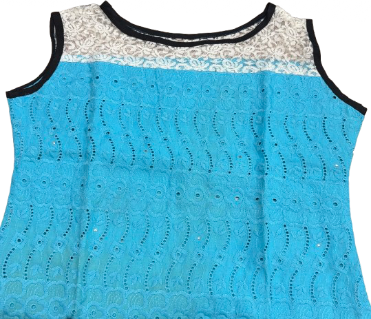 Pure cotton chikan embroidered sky blue sleeveless kurti