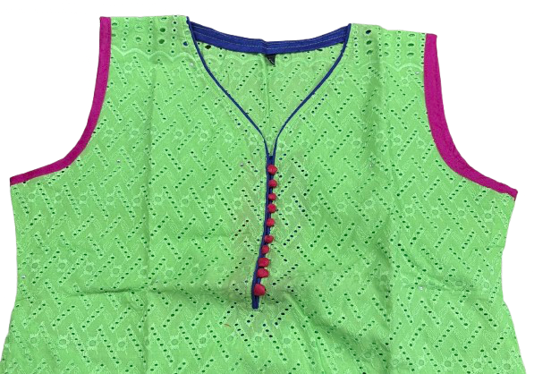 Pure cotton chikan embroidered lime green sleeveless kurti