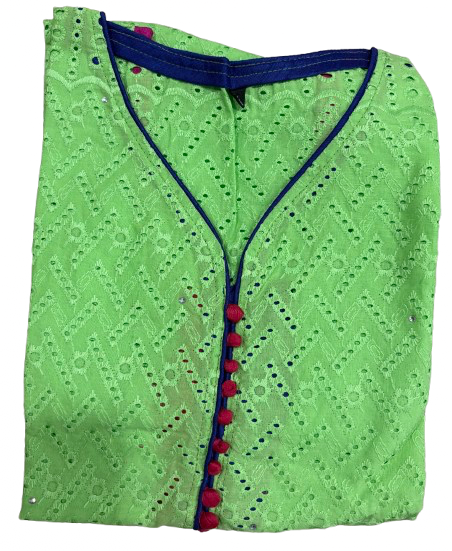 Pure cotton chikan embroidered lime green sleeveless kurti