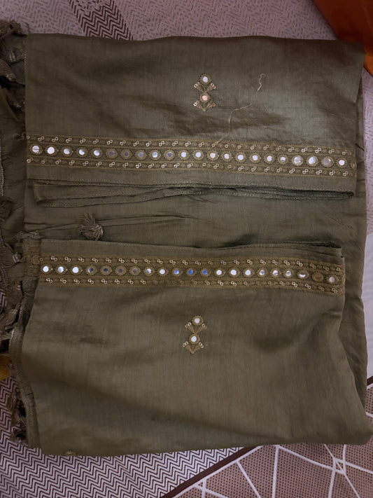 Cotton silk mirror work embroidered olive dupatta