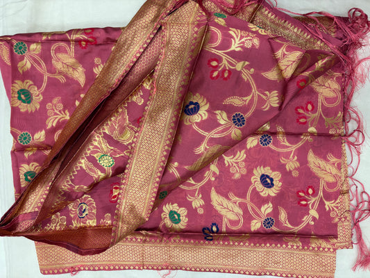 Cotton silk full Banarasi print 2.25m wide dupatta pink