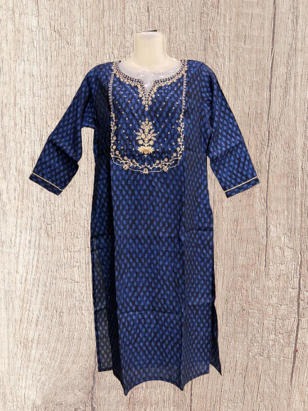 Mixed Cotton Navy Blue Embroidered Straight Kurti
