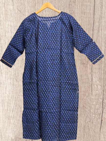 Mixed Cotton Navy Blue Embroidered Straight Kurti