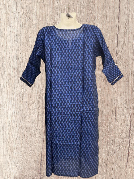 Mixed Cotton Navy Blue Embroidered Straight Kurti