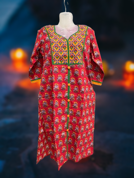 Pure Cotton Red Embroidered Straight Kurti
