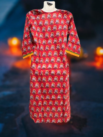 Pure Cotton Red Embroidered Straight Kurti
