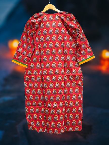 Pure Cotton Red Embroidered Straight Kurti