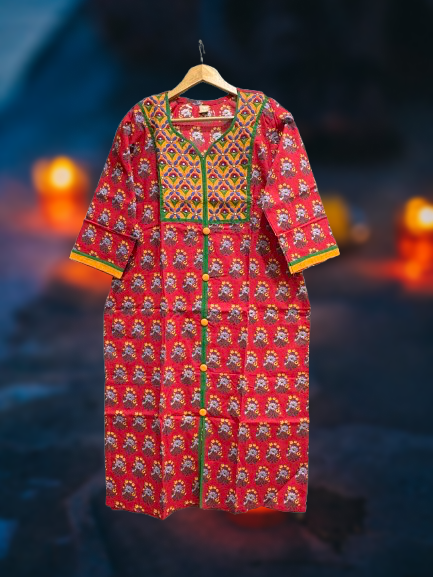 Pure Cotton Red Embroidered Straight Kurti