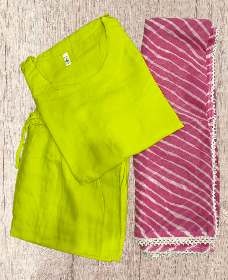 Pure Cotton Kurti, Pant and Dupatta Parrot Green Set
