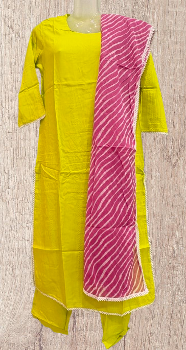 Pure Cotton Kurti, Pant and Dupatta Parrot Green Set