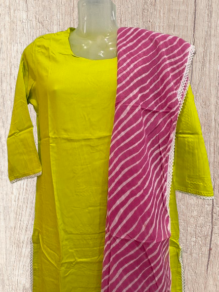 Pure Cotton Kurti, Pant and Dupatta Parrot Green Set