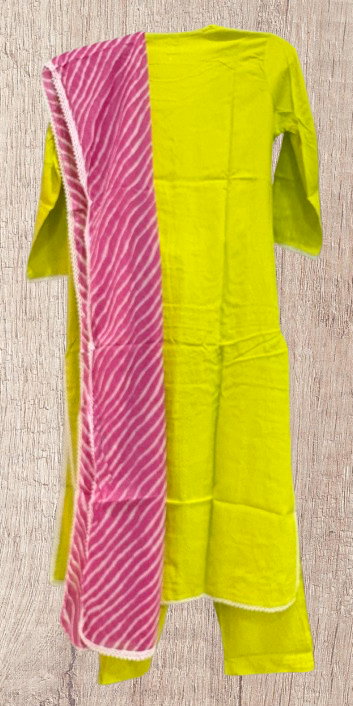 Pure Cotton Kurti, Pant and Dupatta Parrot Green Set