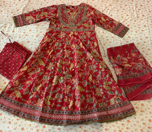 Pure Cotton Red Thread and Mirror Anarkali Suit Dupatta and Pant