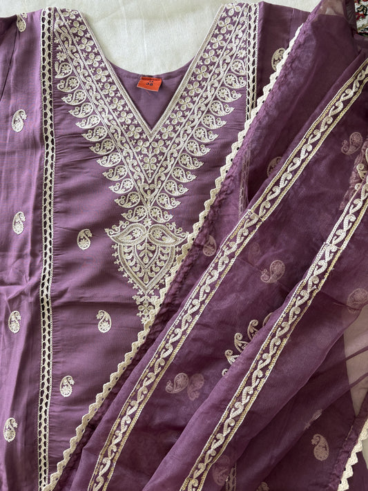 Mauve Viscose Embroidered Suit, Pant and Dupatta set