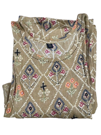 Cotton blend embroidered printed tan kurti