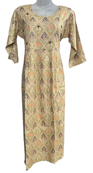 Cotton blend embroidered printed tan kurti