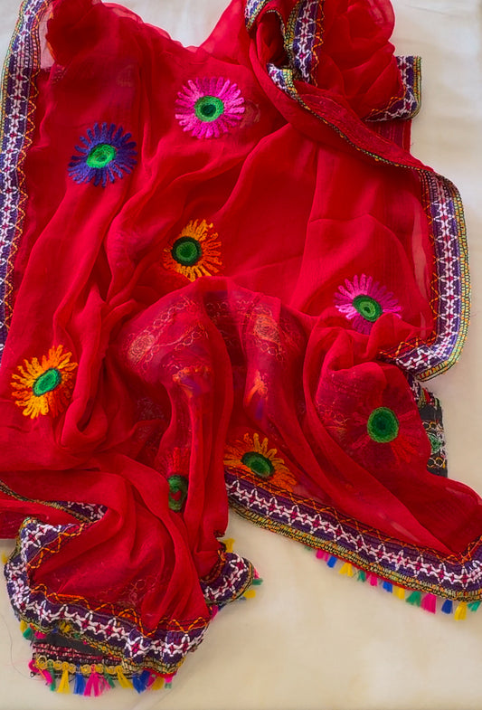 Chiffon Kutchhi work Red Dupatta