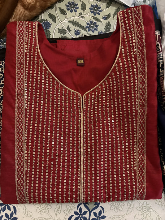 Chanderi Silk Red Straight Kurti