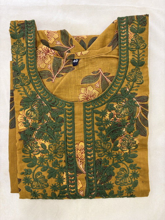 Cotton Embroidered Green Kurti