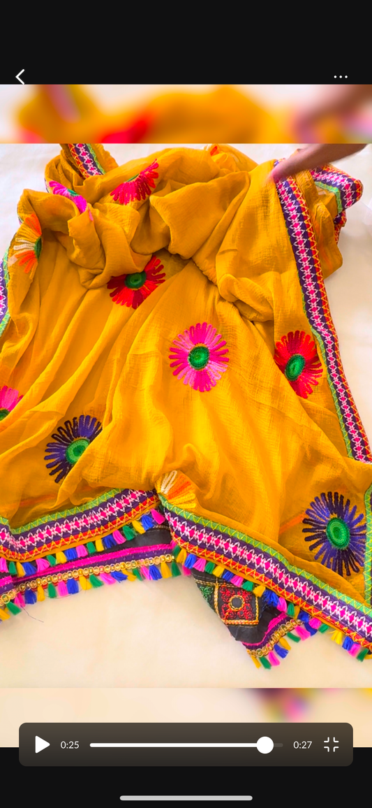 Chiffon Kutchhi work Mustard Dupatta