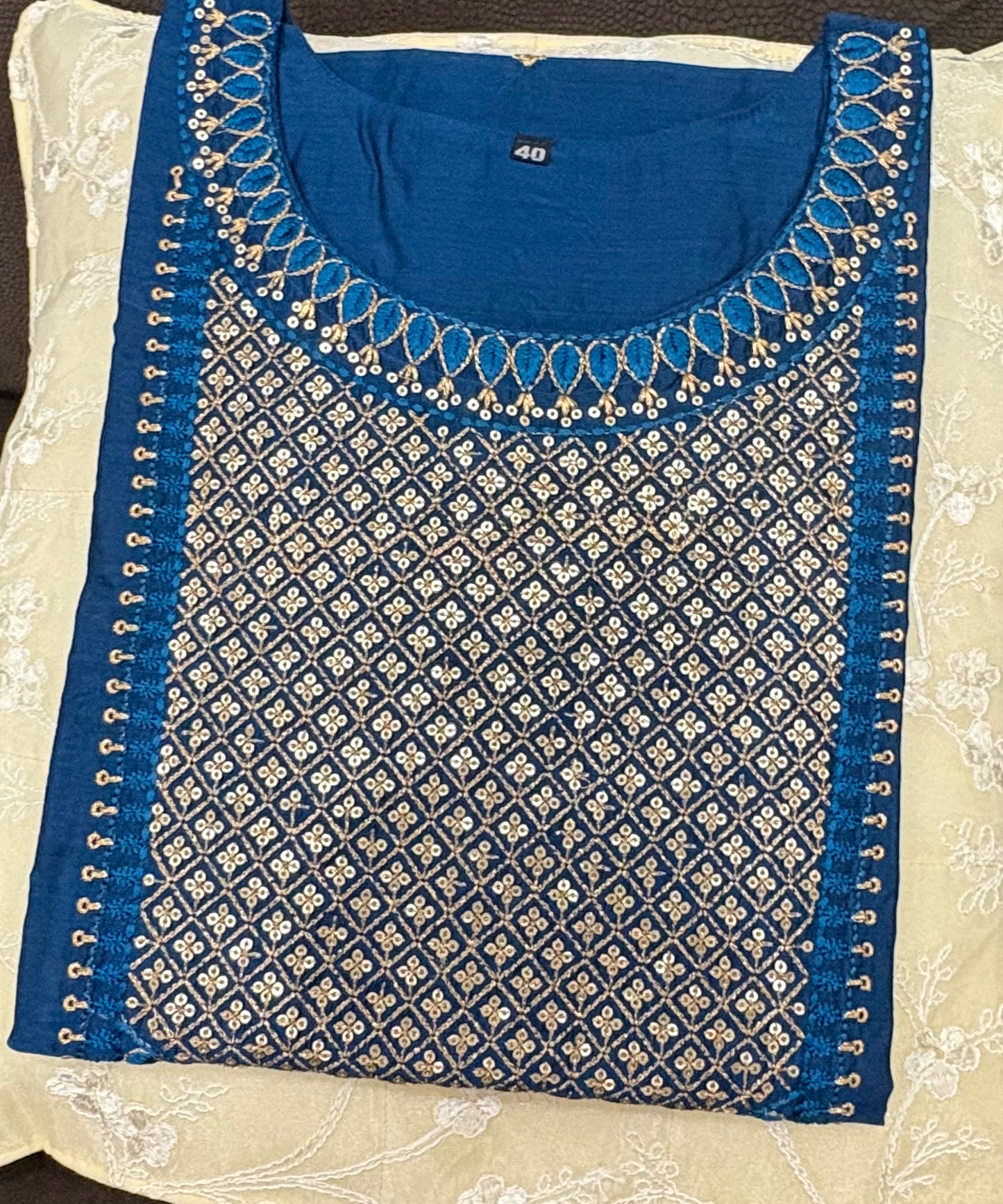 Chanderi Silk Dark Blue Embroidered Straight Kurti