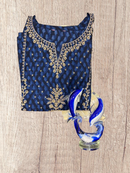 Mixed Cotton Navy Blue Embroidered Straight Kurti