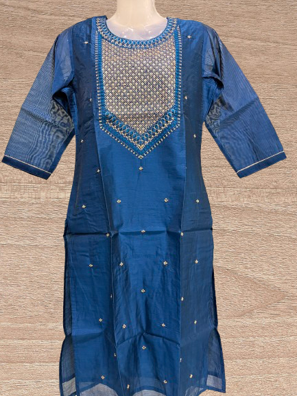 Chanderi Silk Dark Blue Embroidered Straight Kurti